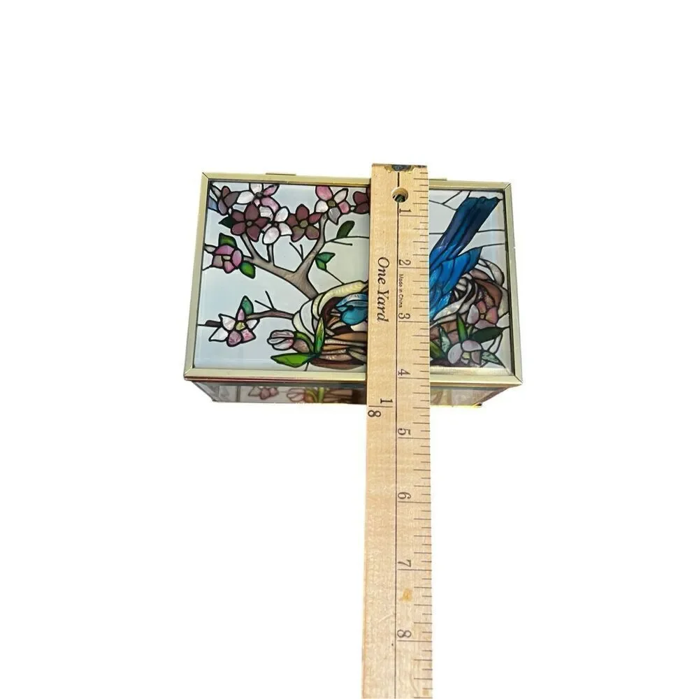 Joan Baker Designs vintage Stain Glass blue jay Hand Painted Trinket Box jewelry